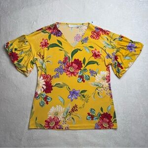 Susan Graver Yellow Floral V Neck Blouse Women’s Size XS